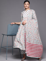 Women's Blue Gotta Patti Cotton One Side Pocket Detail Kurta & Printed Trousers with Printed Cotton Dupatta