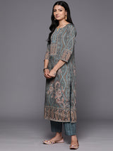 Women's Blue Crepe Ethnic Printed Straight Kurta with Crepe Trousers & Crepe Printed Dupatta