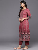Women's Red Crepe Floral Printed Straight Kurta with Crepe Trousers & Crepe Floral Printed Dupatta
