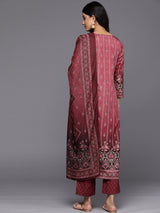 Women's Red Crepe Floral Printed Straight Kurta with Crepe Trousers & Crepe Floral Printed Dupatta
