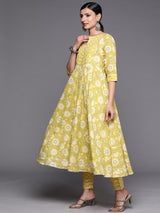 Women's Yellow Cotton One Sided Pocket Gotta Patti Yoke Front Slit Kurta & Cotton Trousers & Printed Dupatta
