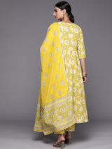 Women's Yellow Cotton One Sided Pocket Gotta Patti Yoke Front Slit Kurta & Cotton Trousers & Printed Dupatta