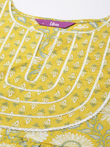 Women's Yellow Cotton One Sided Pocket Gotta Patti Yoke Front Slit Kurta & Cotton Trousers & Printed Dupatta