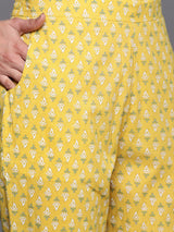 Women's Yellow Cotton One Sided Pocket Gotta Patti Yoke Front Slit Kurta & Cotton Trousers & Printed Dupatta