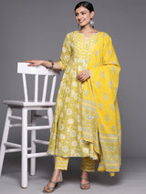 Women's Yellow Cotton One Sided Pocket Gotta Patti Yoke Front Slit Kurta & Cotton Trousers & Printed Dupatta