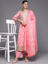 Women's Pink Cotton Zari Work Yoke & Tassels Detail a-line Kurta with Printed Palazzos & Printed Dupatta