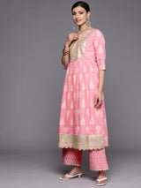 Women's Pink Cotton Zari Work Yoke & Tassels Detail a-line Kurta with Printed Palazzos & Printed Dupatta