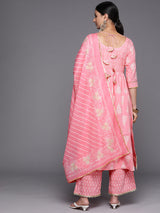 Women's Pink Cotton Zari Work Yoke & Tassels Detail a-line Kurta with Printed Palazzos & Printed Dupatta