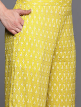 Women's Yellow Cotton Zari Work Yoke & Tassels Detail a-line Kurta with Printed Palazzos & Printed Dupatta