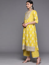 Women's Yellow Cotton Zari Work Yoke & Tassels Detail a-line Kurta with Printed Palazzos & Printed Dupatta