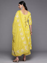 Women's Yellow Cotton Zari Work Yoke & Tassels Detail a-line Kurta with Printed Palazzos & Printed Dupatta