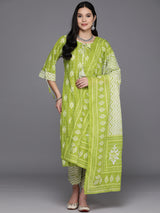 Women's Green Pure Cotton Printed Straight Kurta with Green Cotton Trousers and Green Cotton Dupatta