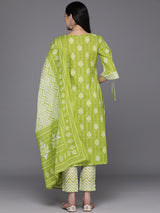 Women's Green Pure Cotton Printed Straight Kurta with Green Cotton Trousers and Green Cotton Dupatta