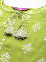 Women's Green Pure Cotton Printed Straight Kurta with Green Cotton Trousers and Green Cotton Dupatta