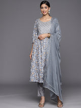 Women's Grey Viscose Rayon Yoke Design a-line Kurta & Grey Viscose Rayon Trousers & Grey Chiffon Dupatta