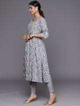 Women's Grey Viscose Rayon Yoke Design a-line Kurta & Grey Viscose Rayon Trousers & Grey Chiffon Dupatta