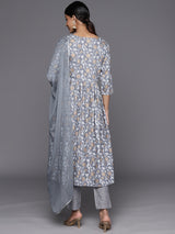 Women's Grey Viscose Rayon Yoke Design a-line Kurta & Grey Viscose Rayon Trousers & Grey Chiffon Dupatta
