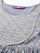 Women's Grey Viscose Rayon Yoke Design a-line Kurta & Grey Viscose Rayon Trousers & Grey Chiffon Dupatta