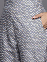 Women's Grey Viscose Rayon Yoke Design a-line Kurta & Grey Viscose Rayon Trousers & Grey Chiffon Dupatta