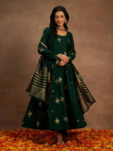 Women's Green Chanderi Silk Woven Design Anarkali Kurta & Silk Blend Palazzo & Chanderi Self Design Dupatta