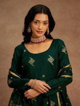 Women's Green Chanderi Silk Woven Design Anarkali Kurta & Silk Blend Palazzo & Chanderi Self Design Dupatta