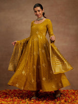 Women's Yellow Chanderi Silk Woven Design Anarkali Kurta & Silk Blend Palazzo &chanderi Self Design Dupatta
