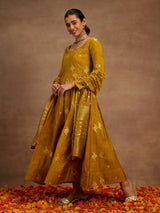 Women's Yellow Chanderi Silk Woven Design Anarkali Kurta & Silk Blend Palazzo &chanderi Self Design Dupatta