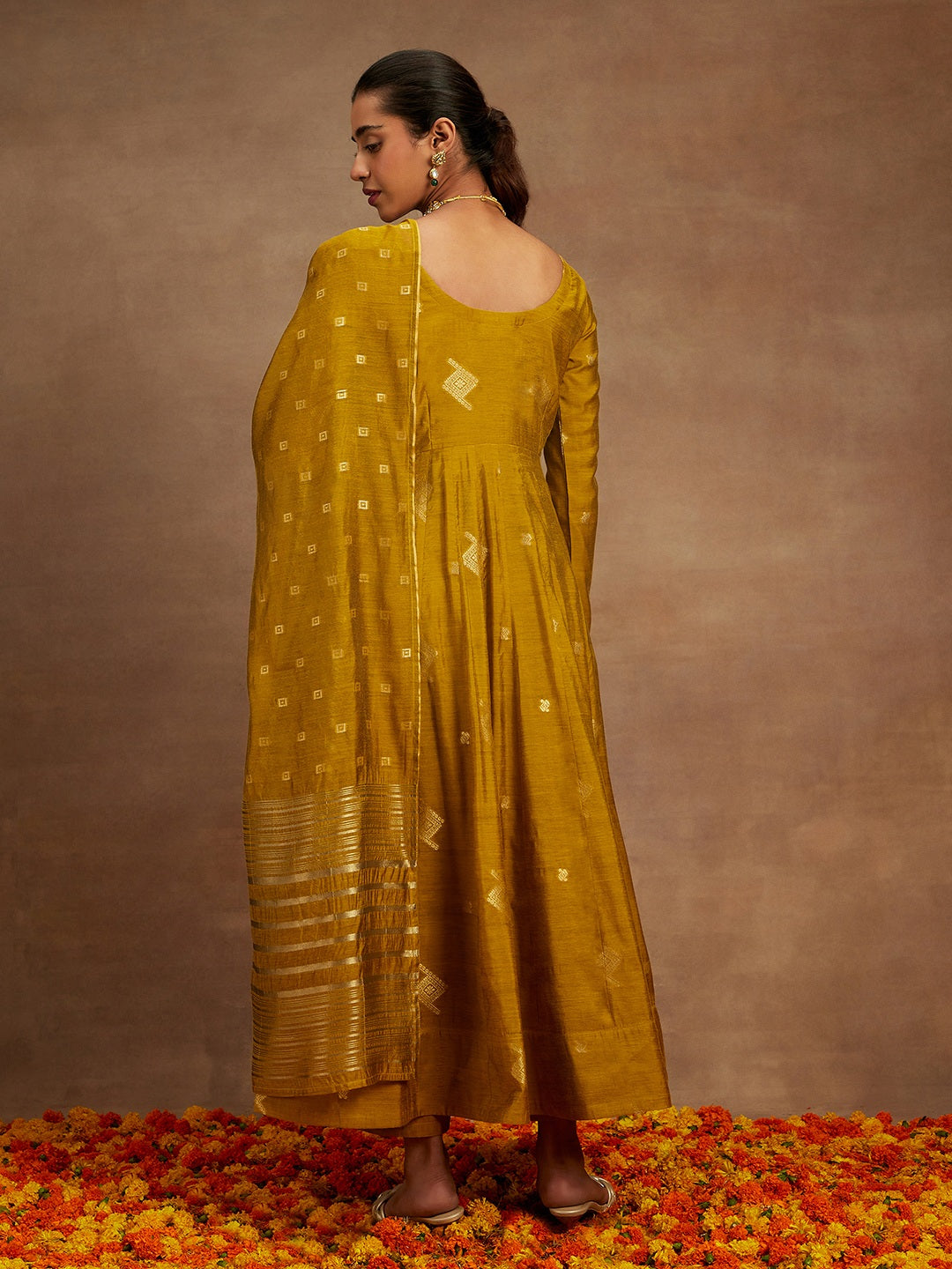 Women's Yellow Chanderi Silk Woven Design Anarkali Kurta & Silk Blend Palazzo &chanderi Self Design Dupatta