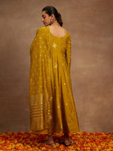 Women's Yellow Chanderi Silk Woven Design Anarkali Kurta & Silk Blend Palazzo &chanderi Self Design Dupatta