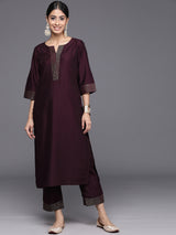 Women's Purple Silk Blend Solid Straight Kurta and Solid Trousers with Both Side Pocket