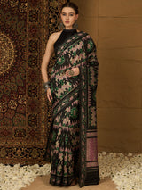 Women's Bhagalpuri Silk Black Printed Designer Saree with Blouse Piece