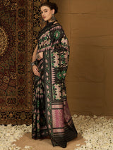 Women's Bhagalpuri Silk Black Printed Designer Saree with Blouse Piece
