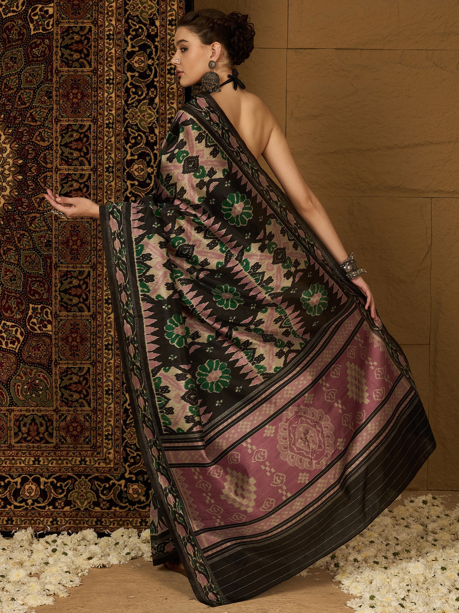 Women's Bhagalpuri Silk Black Printed Designer Saree with Blouse Piece