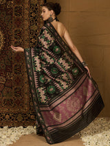 Women's Bhagalpuri Silk Black Printed Designer Saree with Blouse Piece