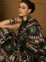 Women's Bhagalpuri Silk Black Printed Designer Saree with Blouse Piece