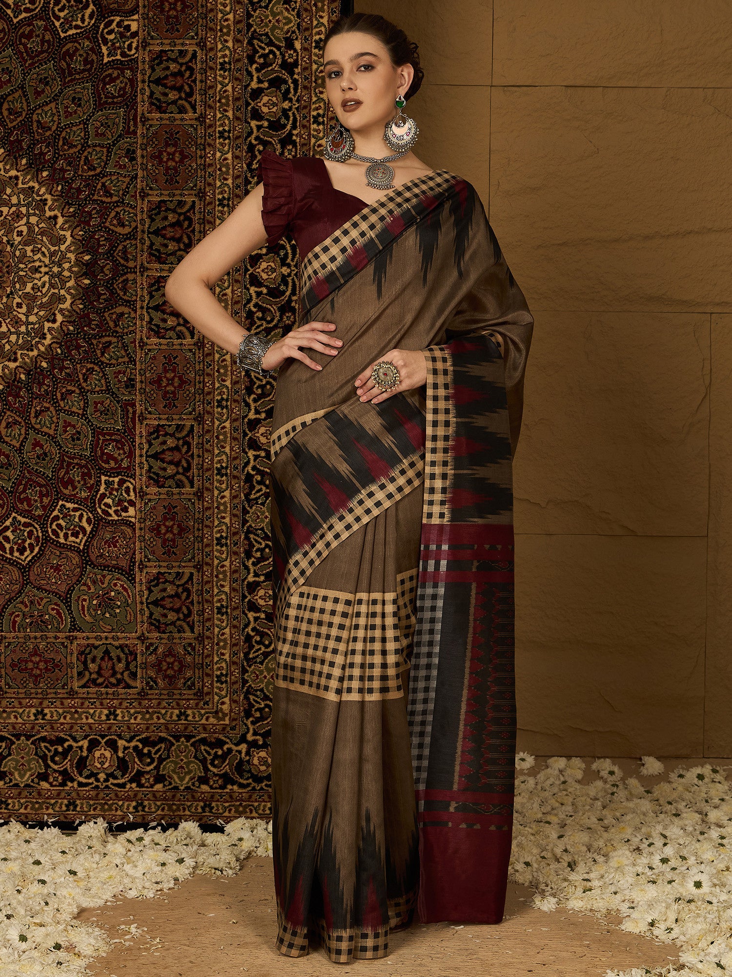 Women's Bhagalpuri Silk Beige Printed Designer Saree with Blouse Piece