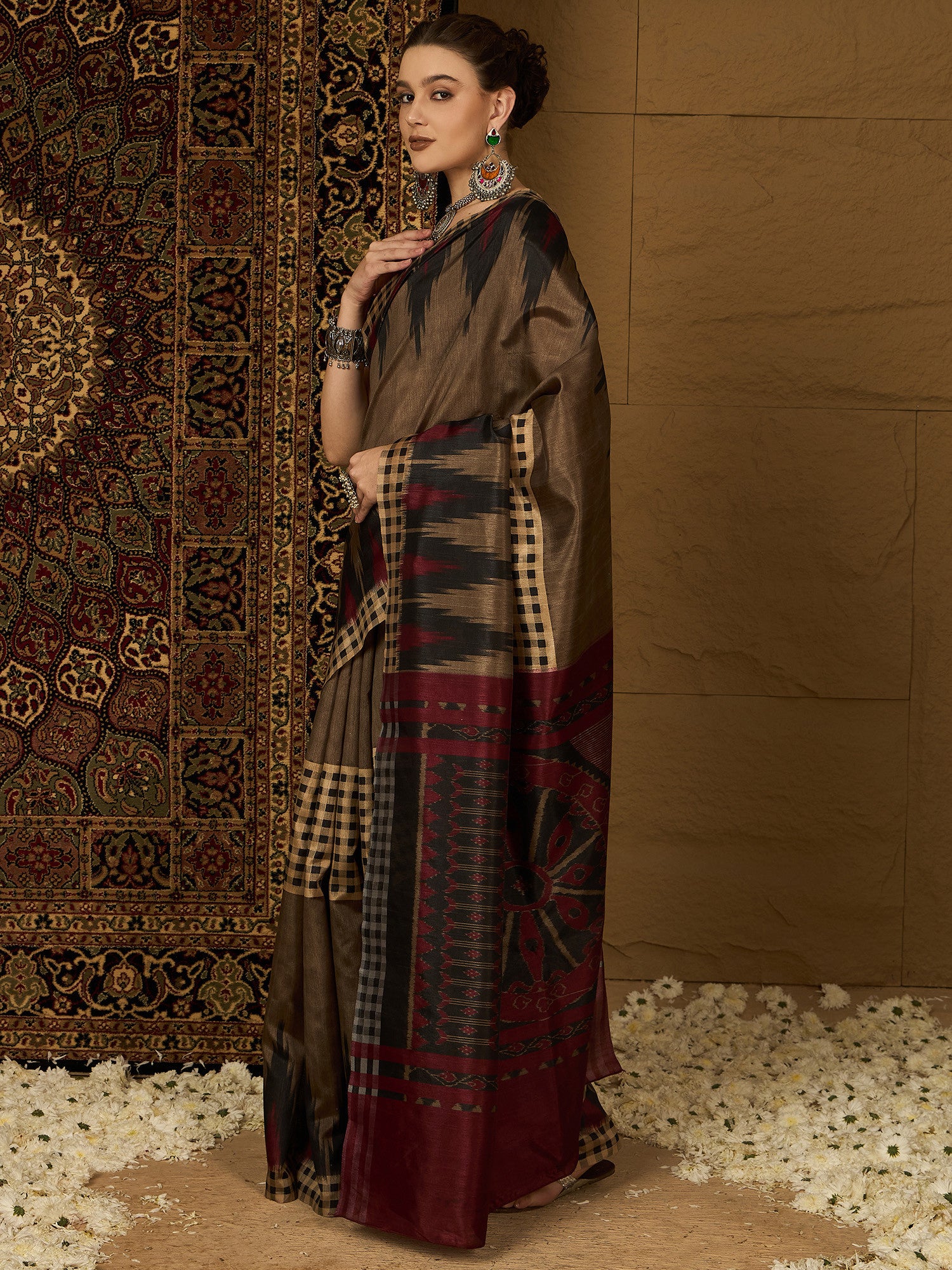 Women's Bhagalpuri Silk Beige Printed Designer Saree with Blouse Piece