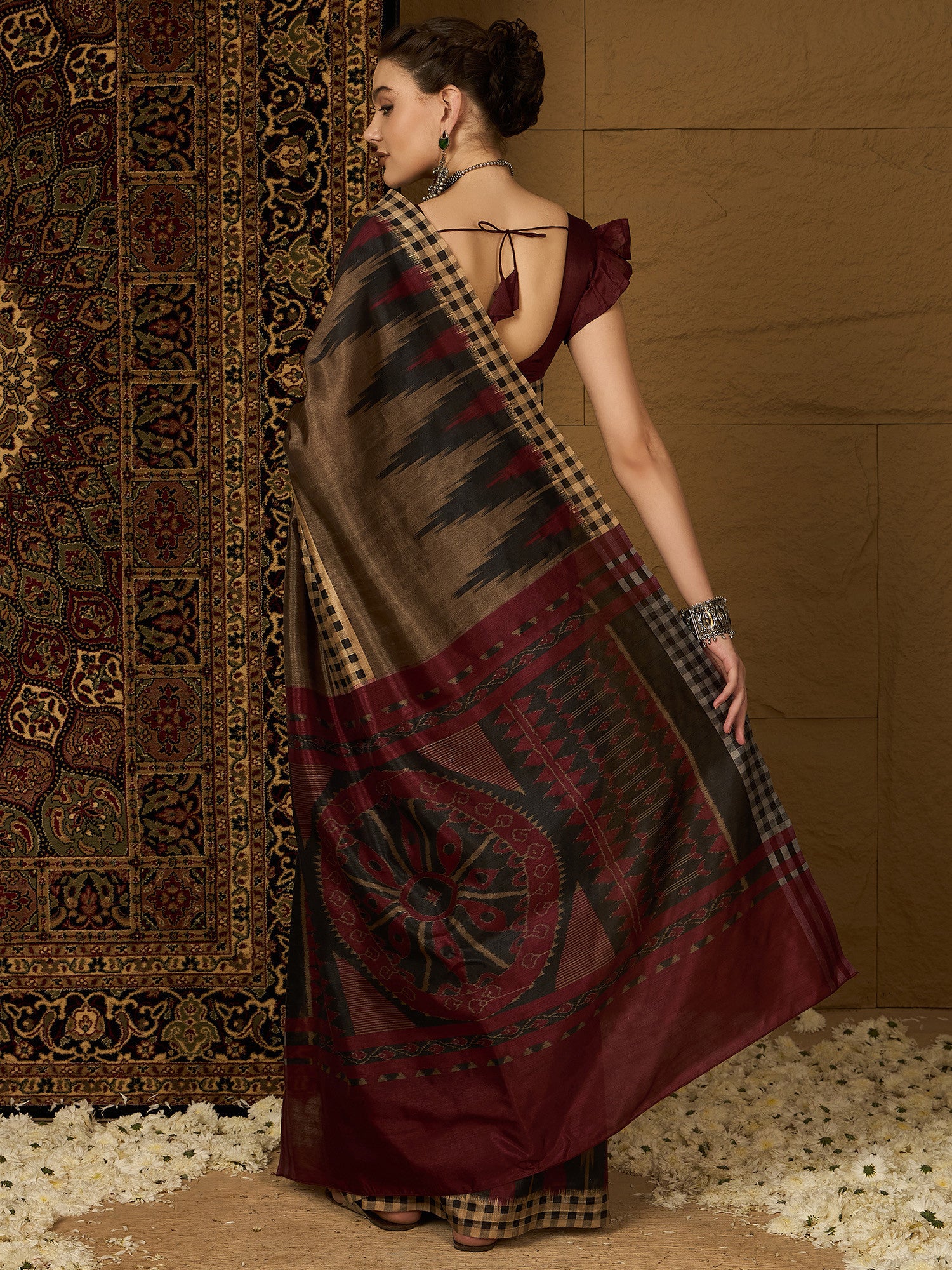 Women's Bhagalpuri Silk Beige Printed Designer Saree with Blouse Piece