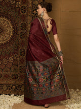 Women's Bhagalpuri Silk Red Printed Designer Saree with Blouse Piece