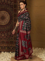 Women's Bhagalpuri Silk Black Printed Designer Saree with Blouse Piece