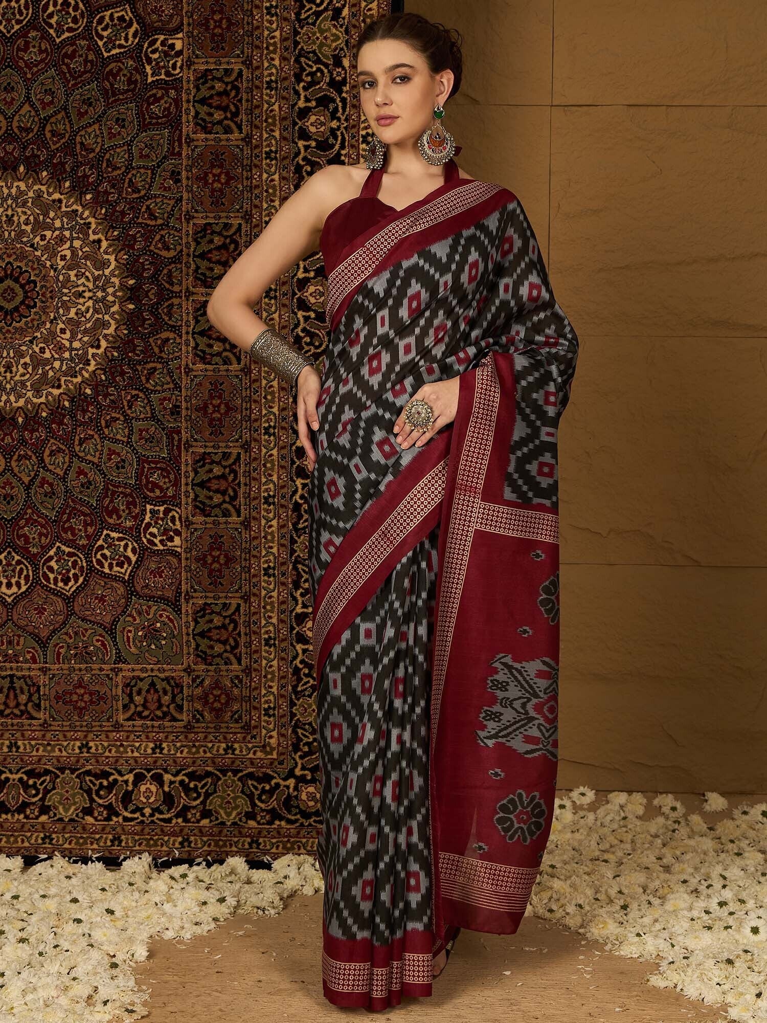 Women's Bhagalpuri Silk Black Printed Designer Saree with Blouse Piece
