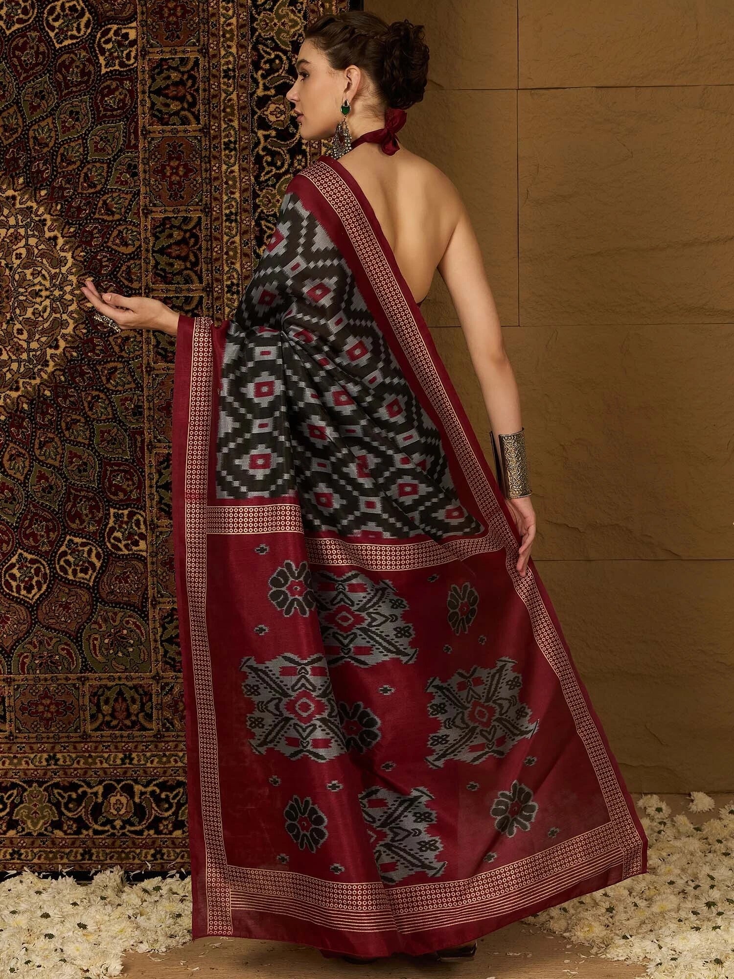 Women's Bhagalpuri Silk Black Printed Designer Saree with Blouse Piece