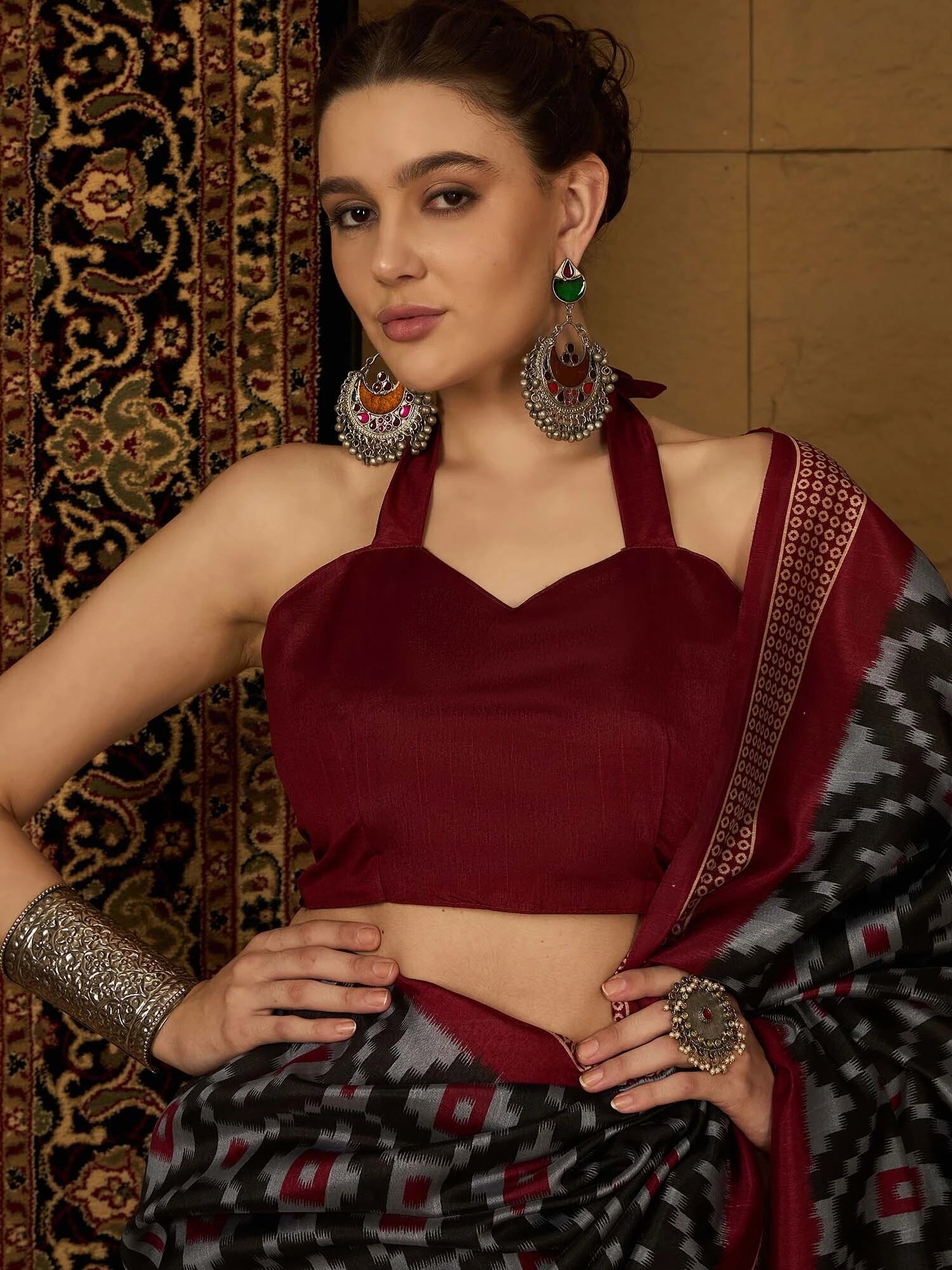 Women's Bhagalpuri Silk Black Printed Designer Saree with Blouse Piece