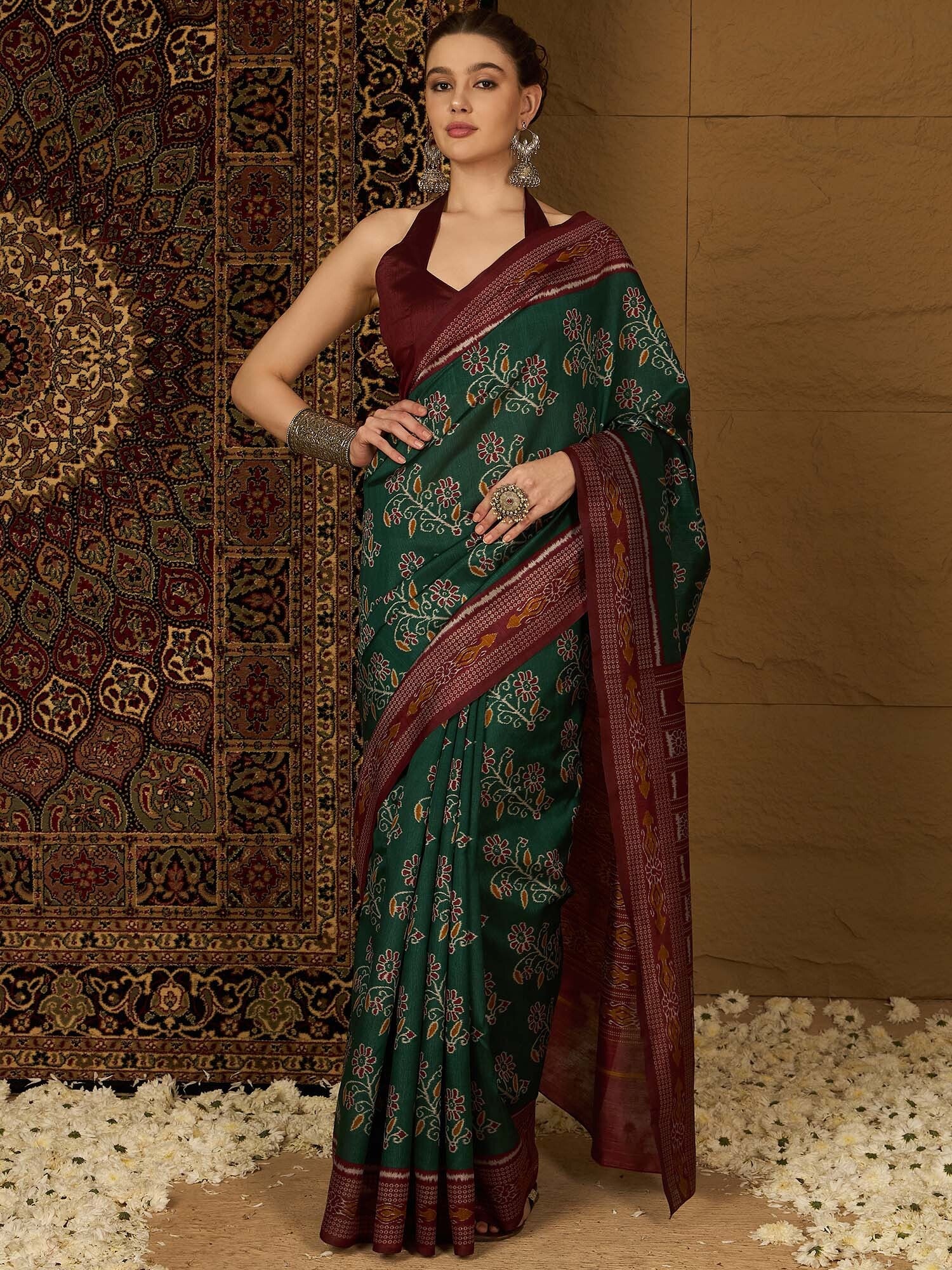 Women's Bhagalpuri Silk Green Printed Designer Saree with Blouse Piece