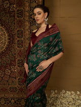 Women's Bhagalpuri Silk Green Printed Designer Saree with Blouse Piece