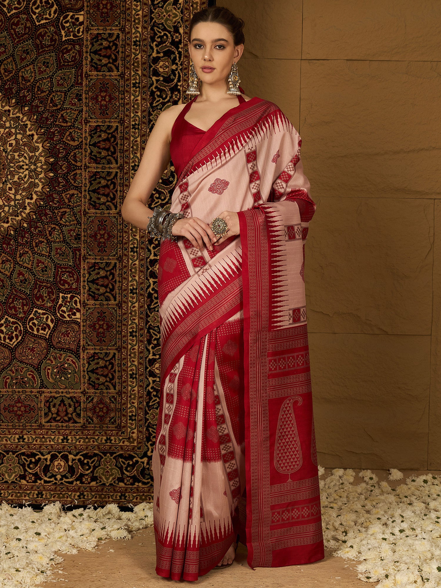 Women's Bhagalpuri Silk Beige Printed Designer Saree with Blouse Piece