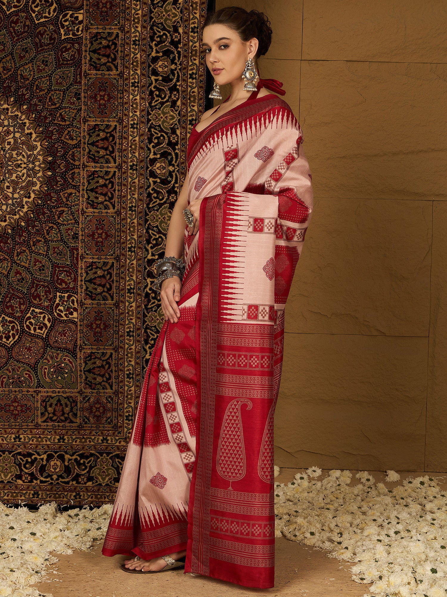 Women's Bhagalpuri Silk Beige Printed Designer Saree with Blouse Piece