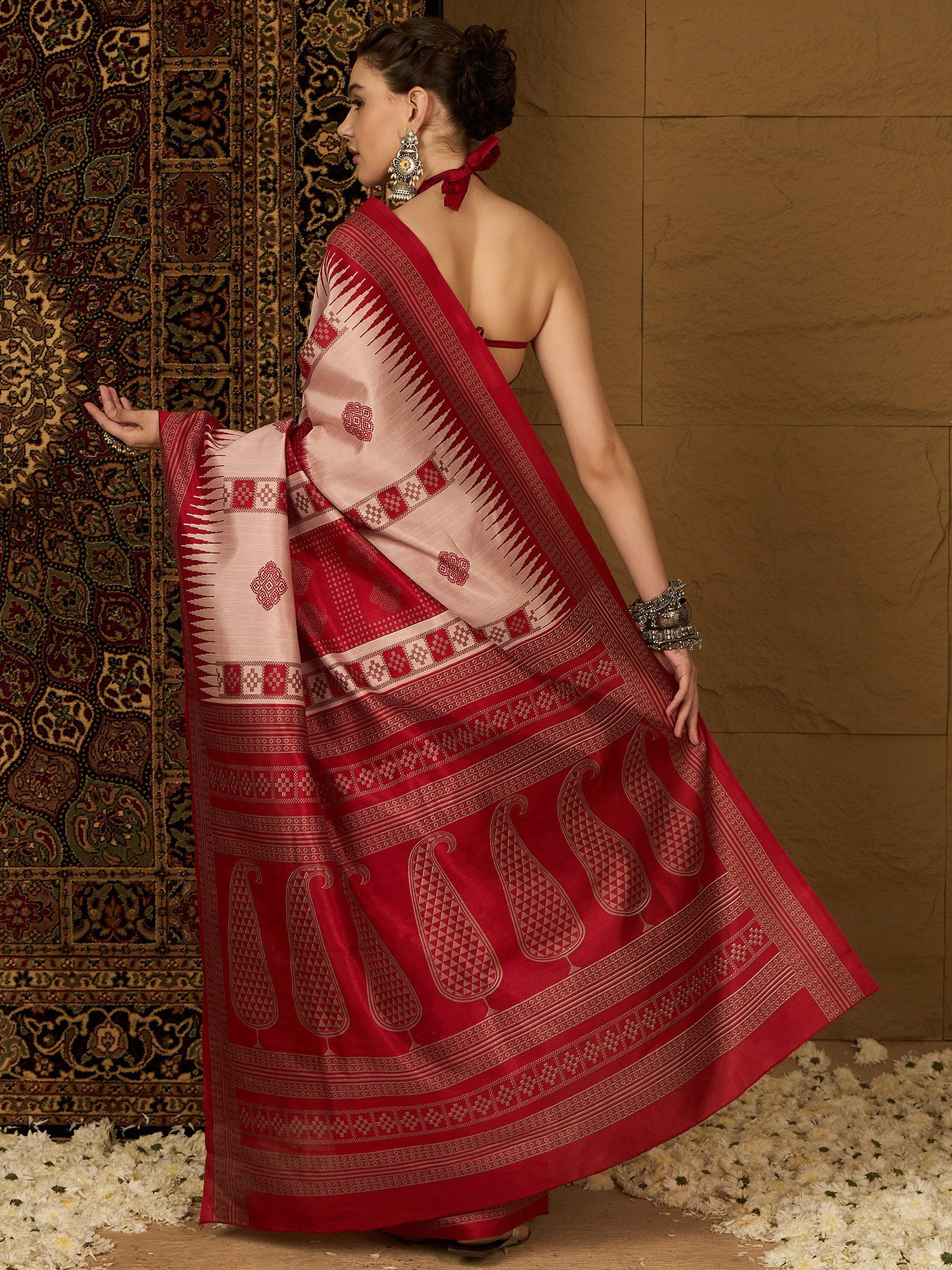 Women's Bhagalpuri Silk Beige Printed Designer Saree with Blouse Piece