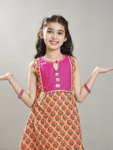 Girls Peach & Pink Floral Printed Kurta with Elasticated Waistband Sharara