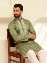 Men's Green Cotton Silk Long Kurta with Elegant Neck Embroidery